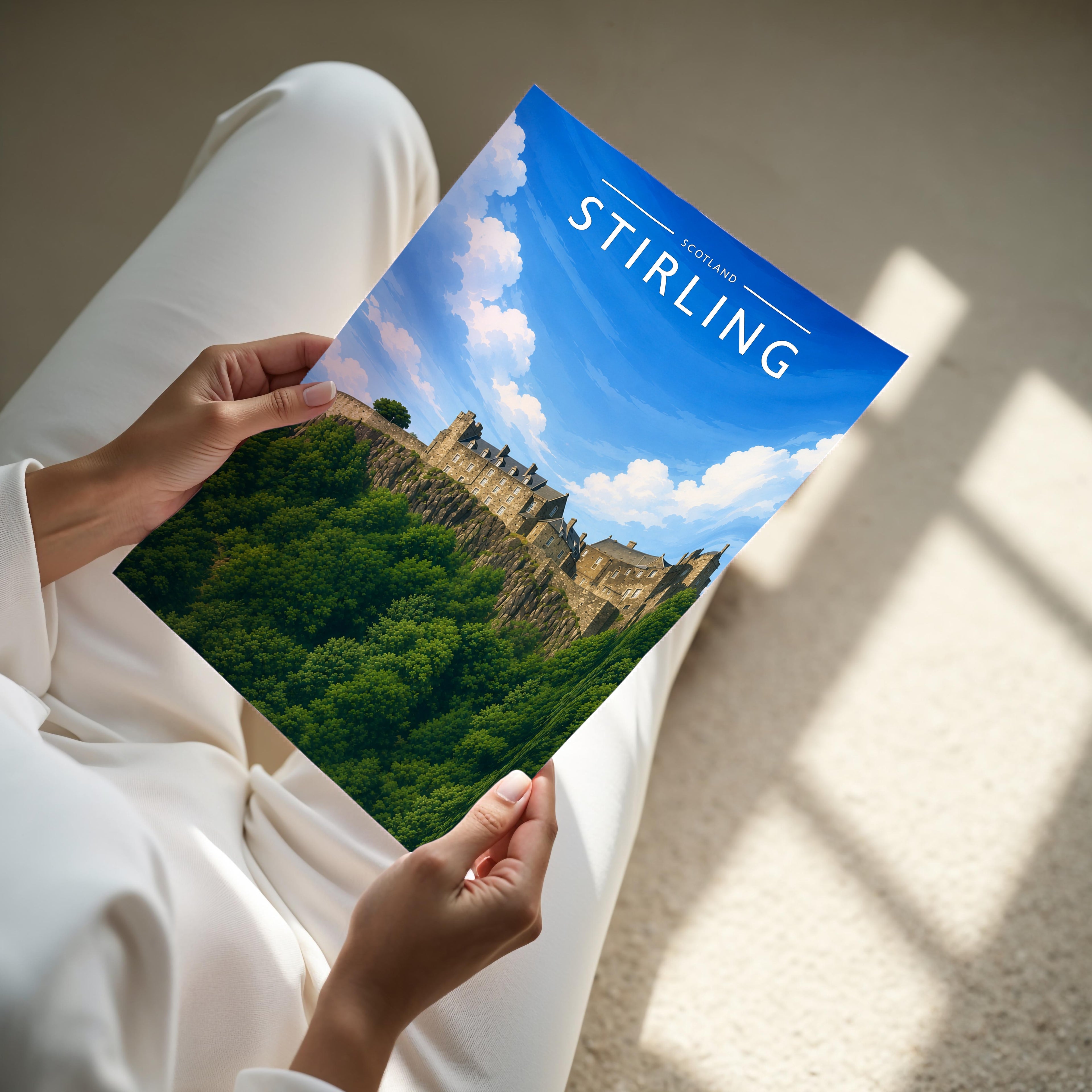 Stirling Travel Poster - A4 print held in hand