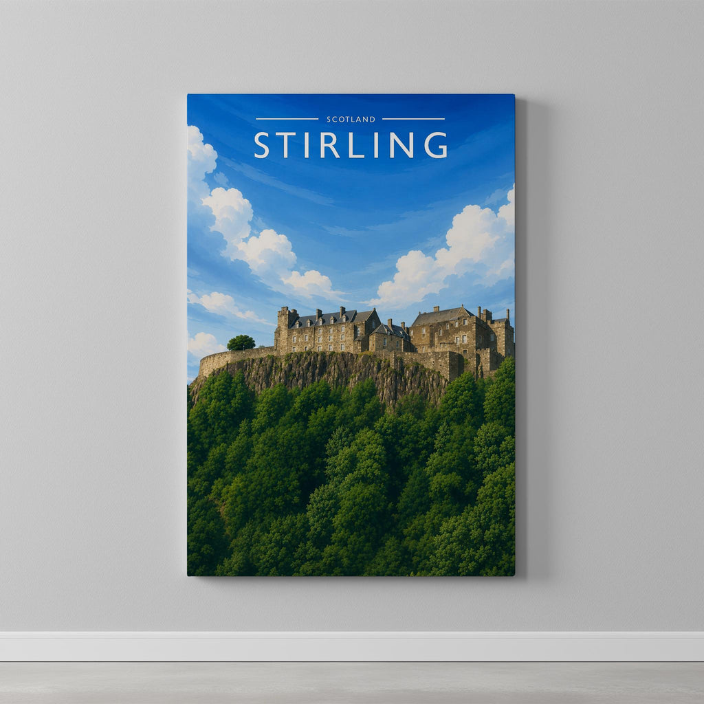 Stirling Travel Poster as a gallery-wrapped canvas on a plain wall