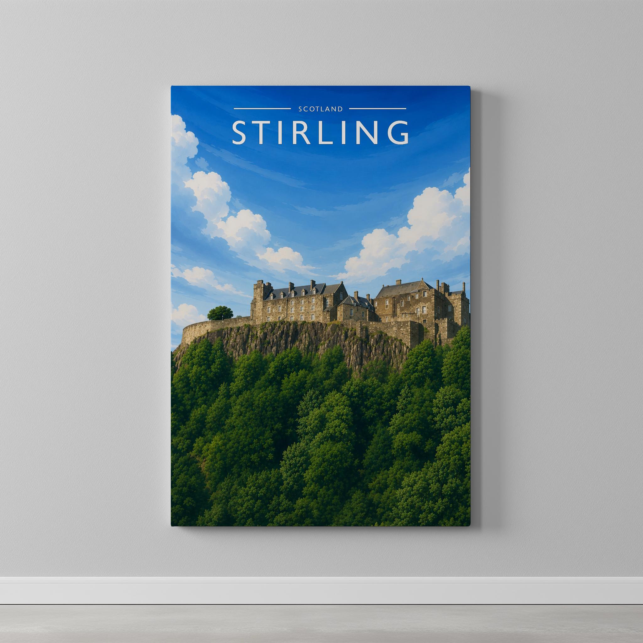 Stirling Travel Poster as a gallery-wrapped canvas on a plain wall