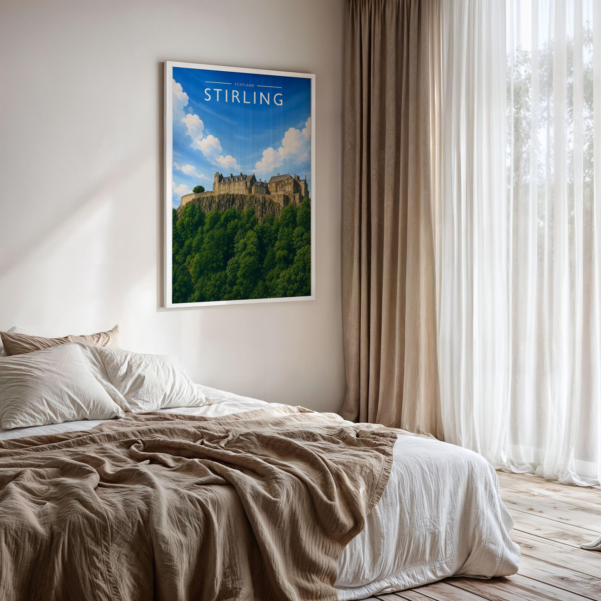 Stirling Travel Poster framed on a bedroom wall
