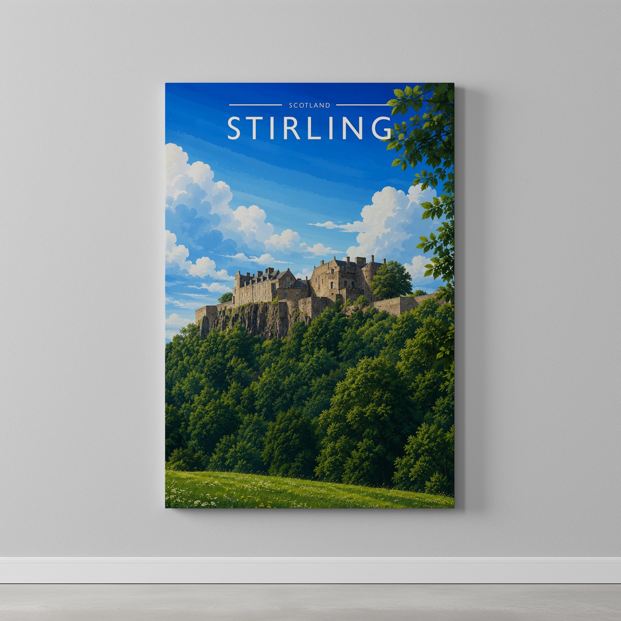 Stirling #2 Travel Poster as a gallery-wrapped canvas on a plain wall
