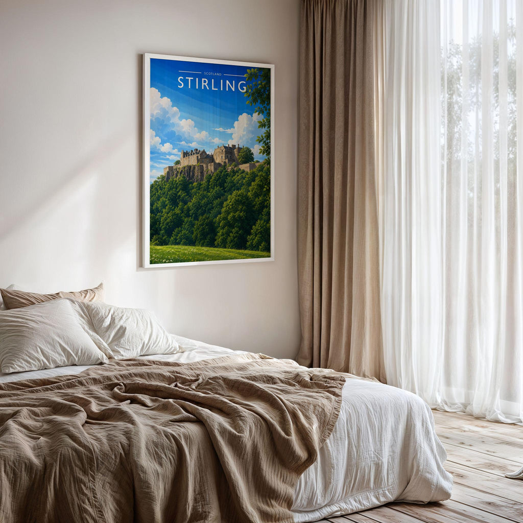 Stirling #2 Travel Poster framed on a bedroom wall