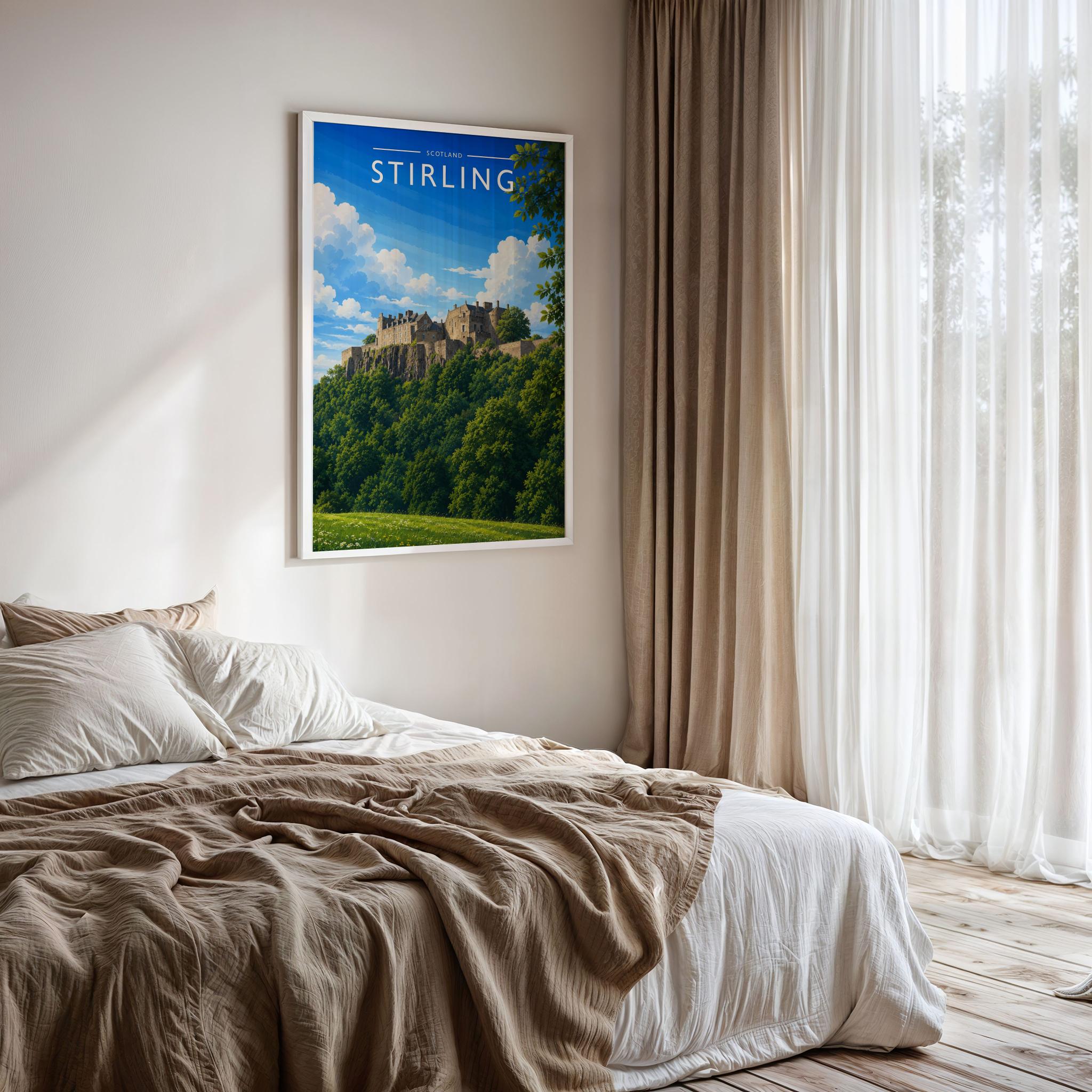 Stirling #2 Travel Poster framed on a bedroom wall