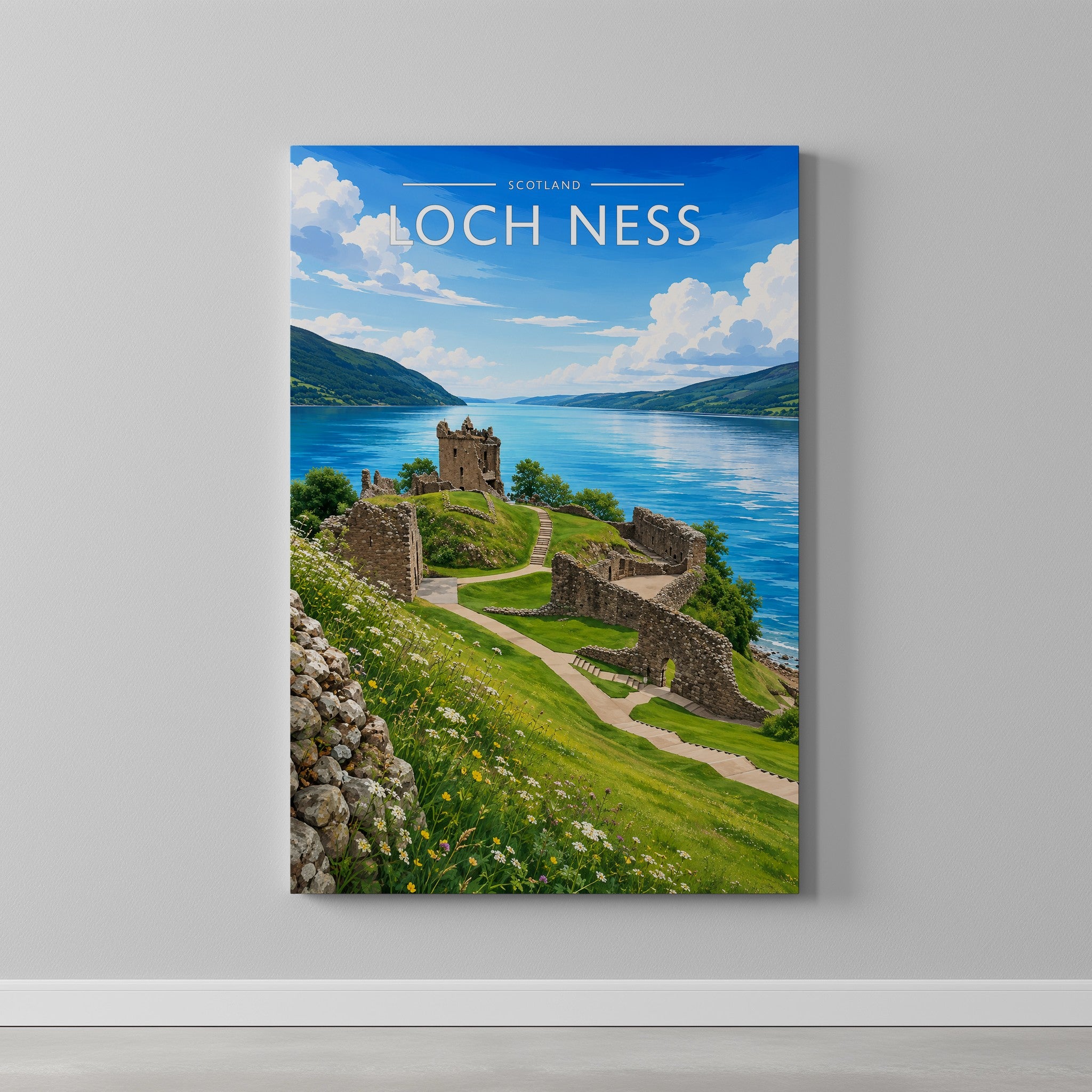 Loch Ness Travel Poster as a gallery-wrapped canvas on a plain wall