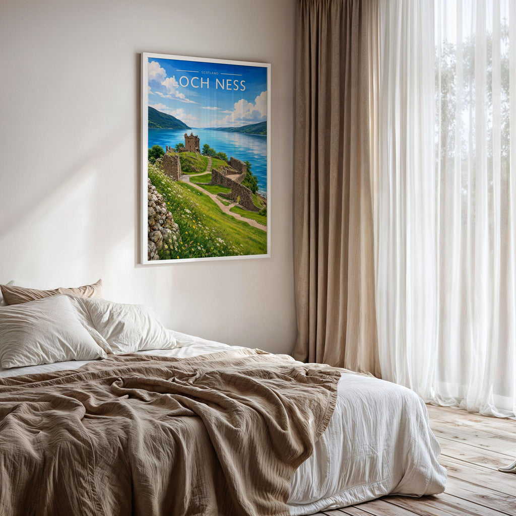Loch Ness Travel Poster framed on a bedroom wall