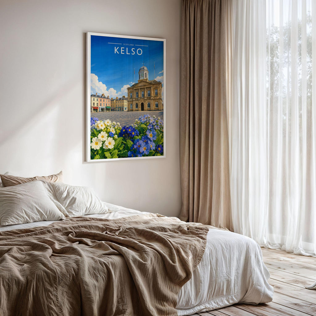 Kelso #2 Travel Poster framed on a bedroom wall