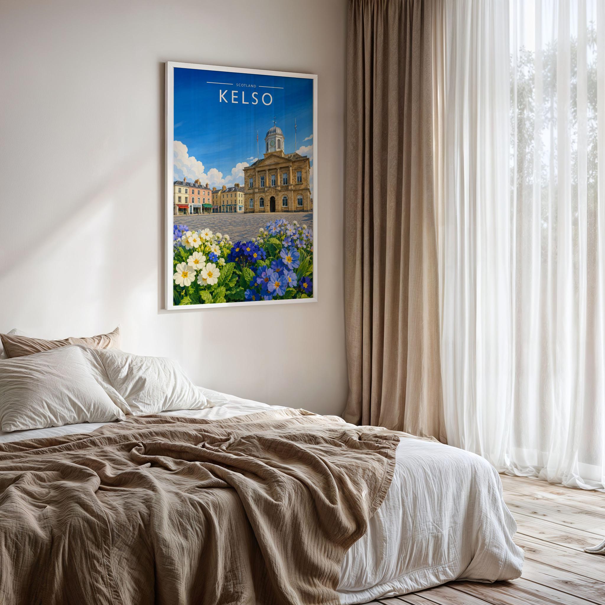 Kelso #2 Travel Poster framed on a bedroom wall