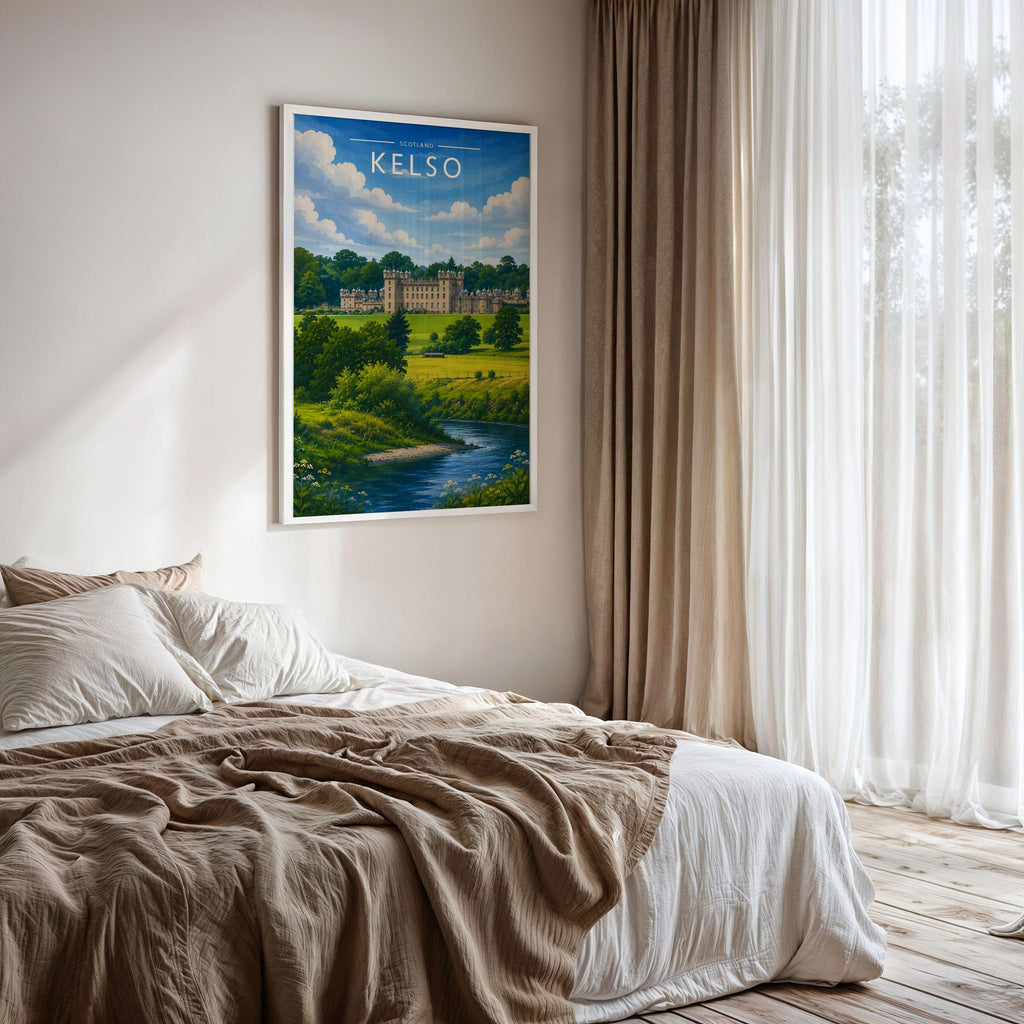 Kelso #3 Travel Poster framed on a bedroom wall