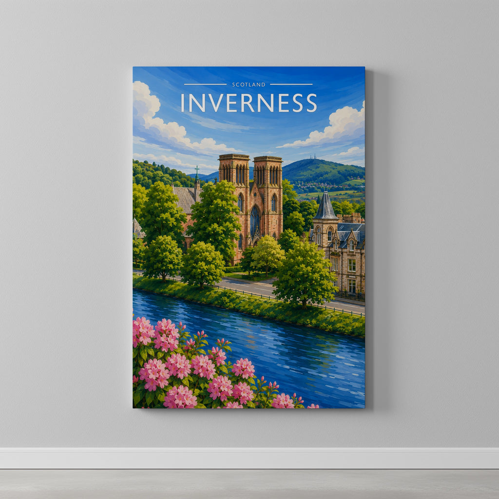 Inverness #2 Travel Poster as a gallery-wrapped canvas on a plain wall