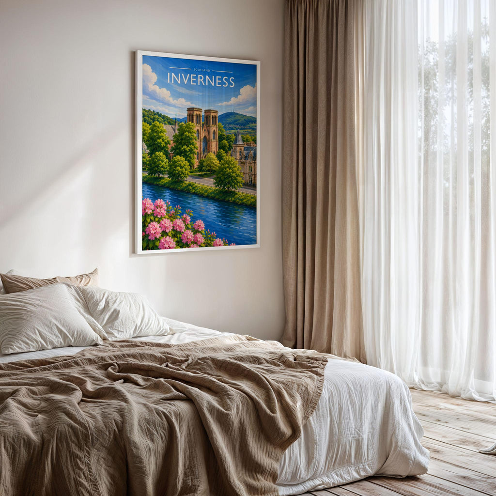 Inverness #2 Travel Poster framed on a bedroom wall