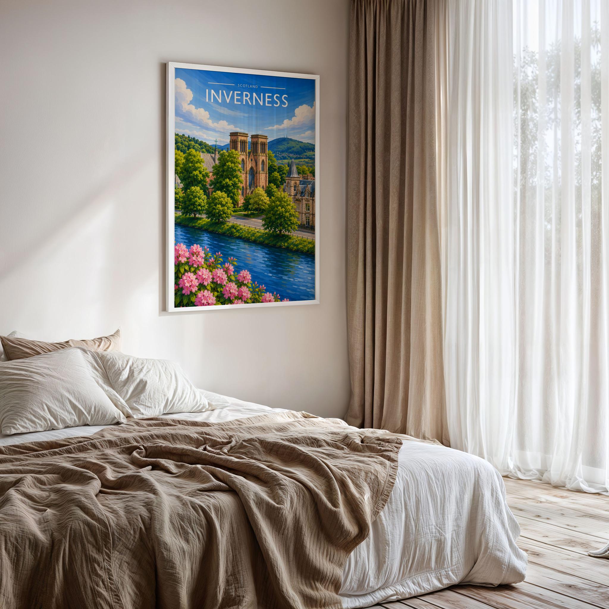 Inverness #2 Travel Poster framed on a bedroom wall