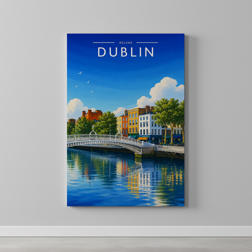 Dublin #6 Travel Poster as a gallery-wrapped canvas on a plain wall
