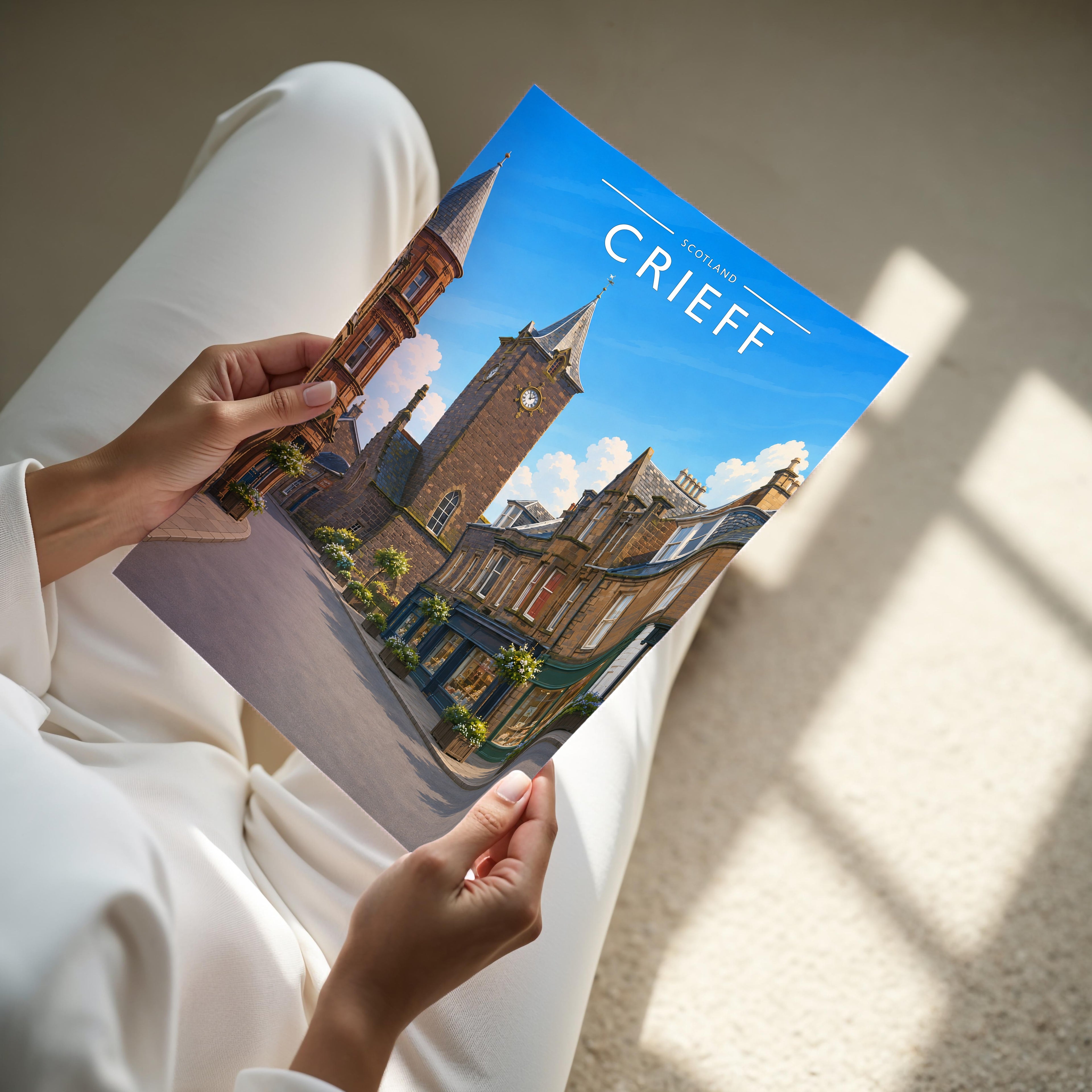 Crieff Travel Poster - A4 print held in hand