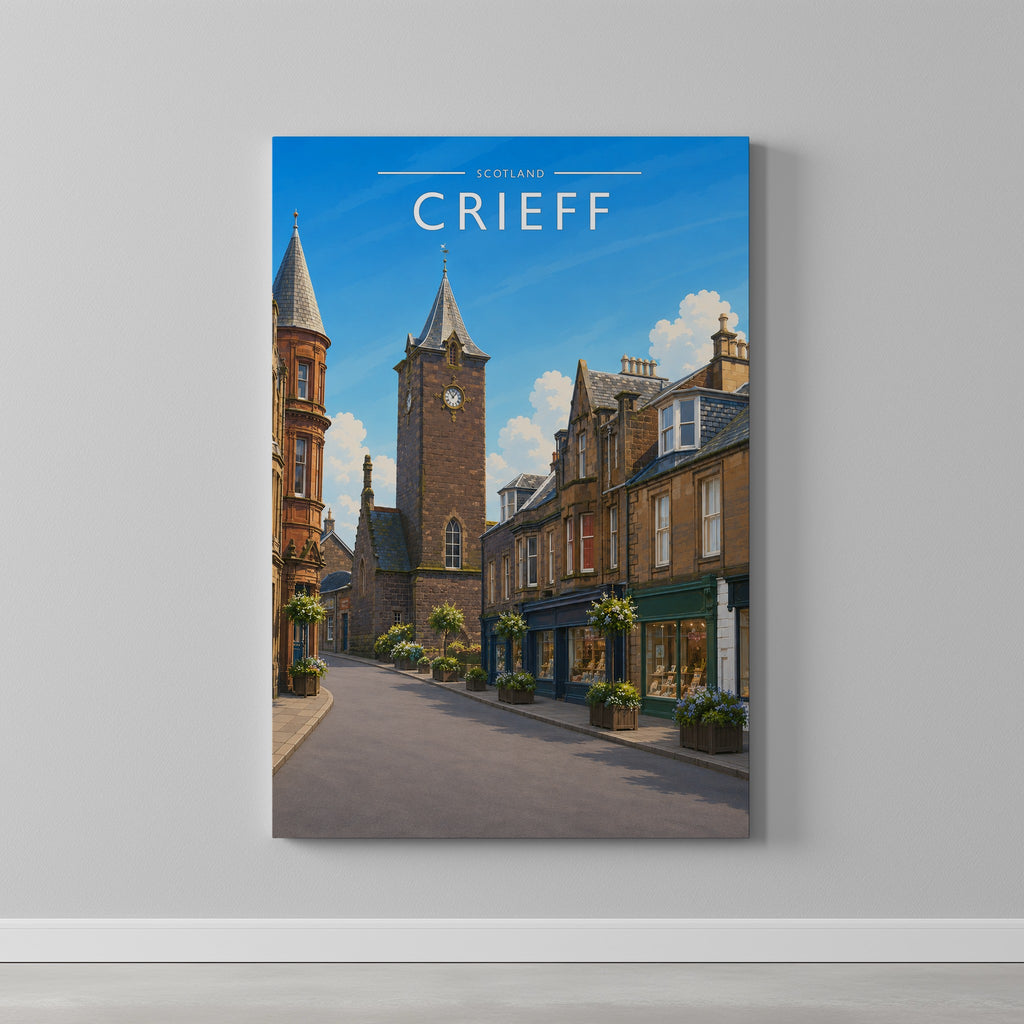 Crieff Travel Poster as a gallery-wrapped canvas on a plain wall