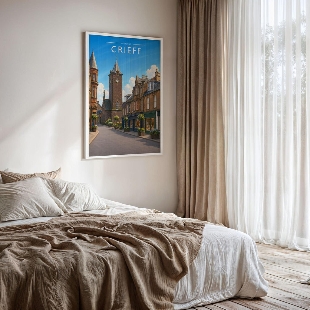 Crieff Travel Poster framed on a bedroom wall