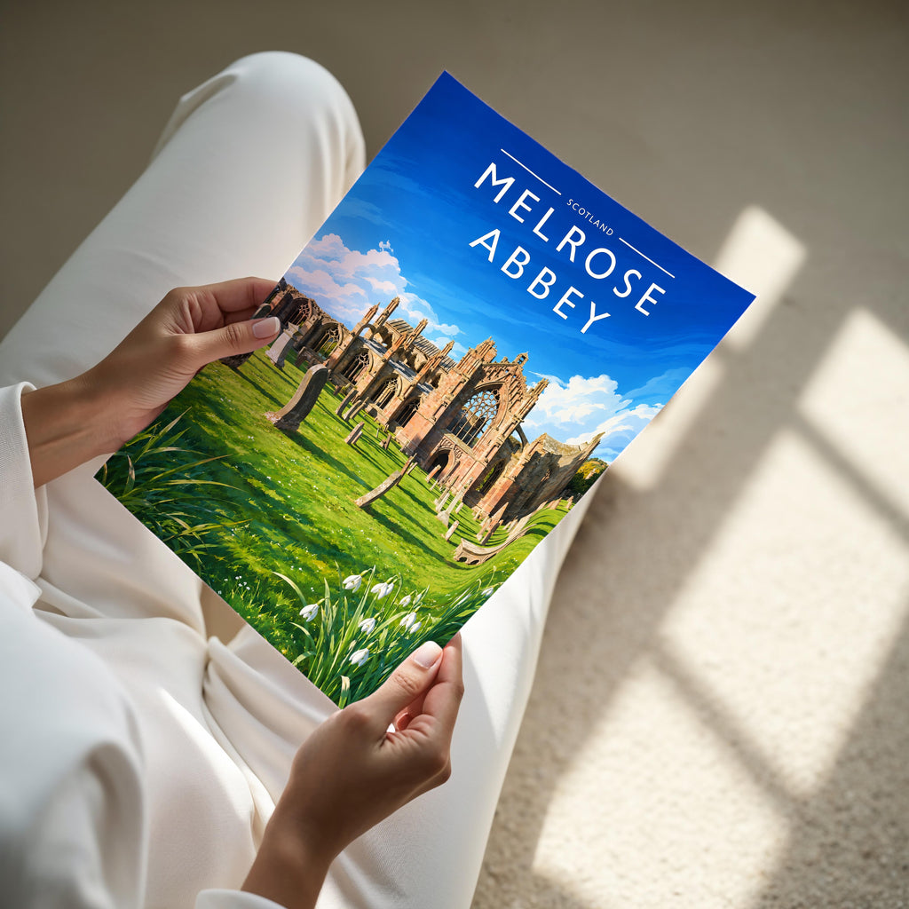 Melrose Abbey Travel Poster - A4 print held in hand