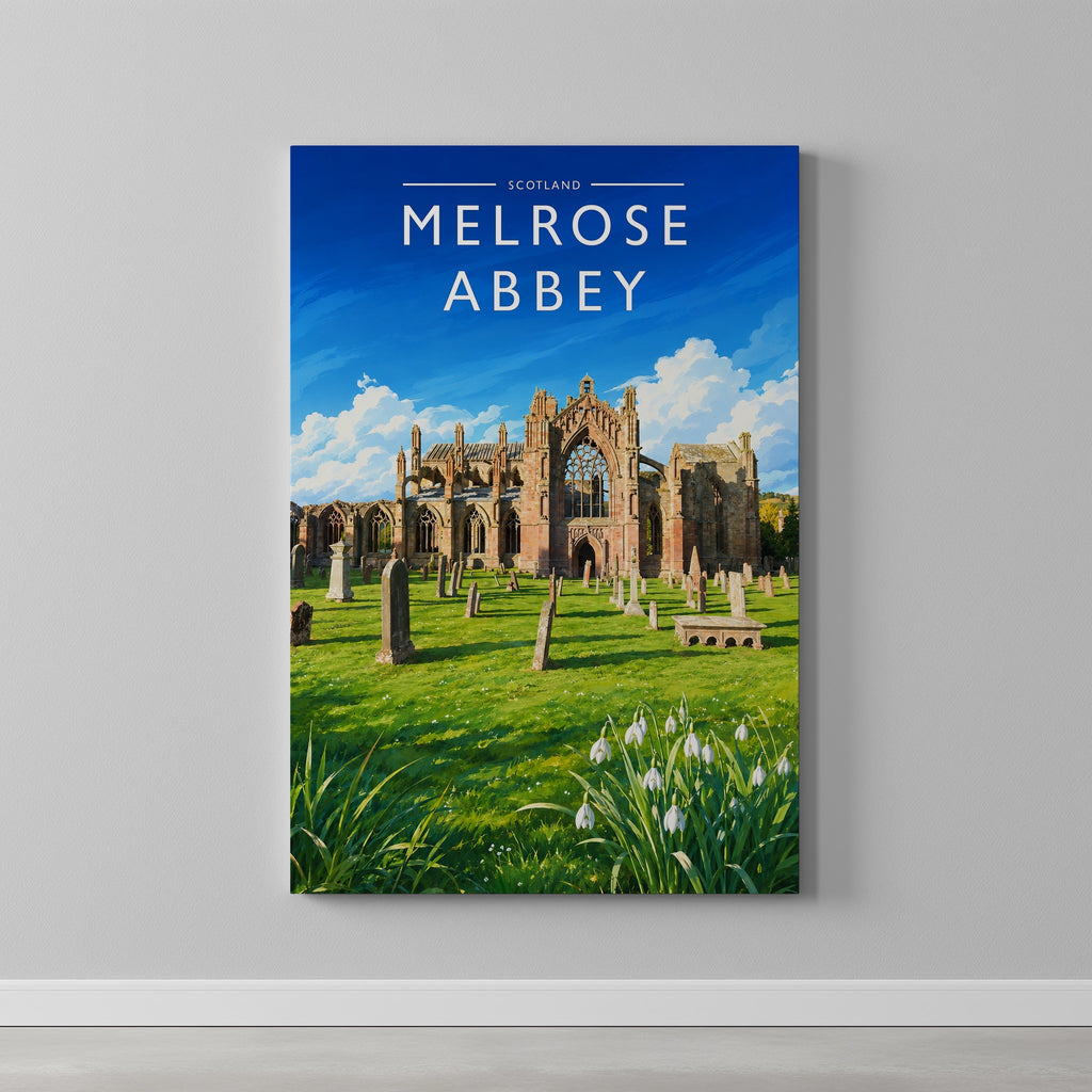 Melrose Abbey Travel Poster as a gallery-wrapped canvas on a plain wall