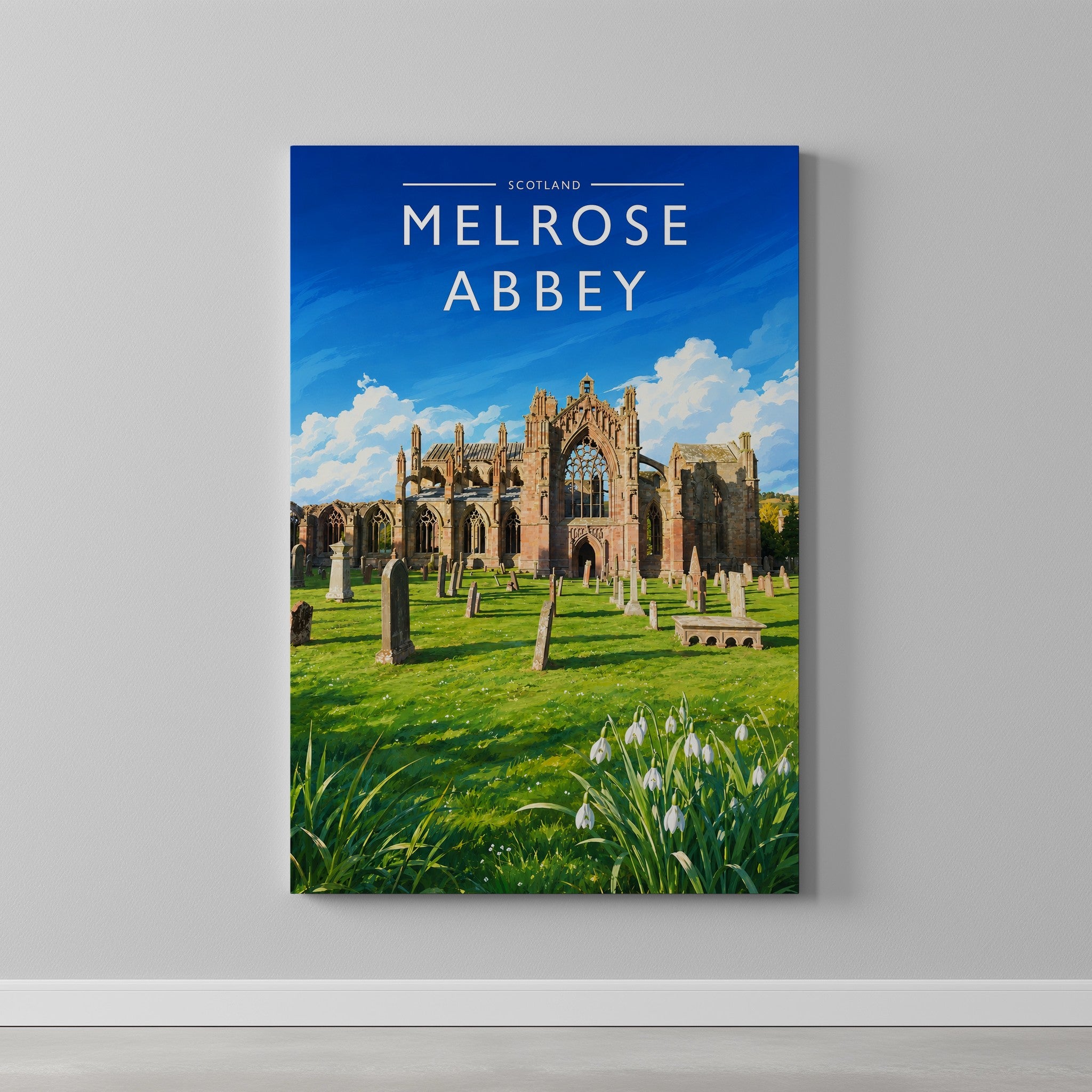 Melrose Abbey Travel Poster as a gallery-wrapped canvas on a plain wall