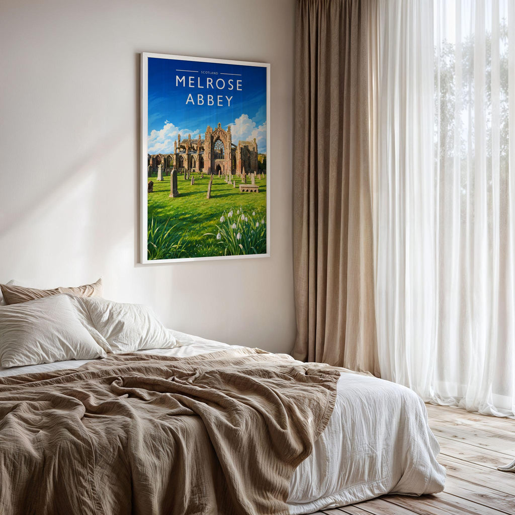 Melrose Abbey Travel Poster framed on a bedroom wall
