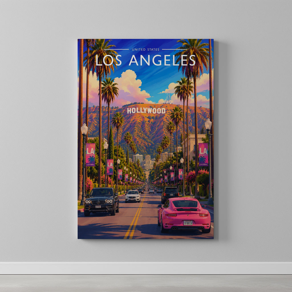 Los Angeles #2 Travel Poster as a gallery-wrapped canvas on a plain wall