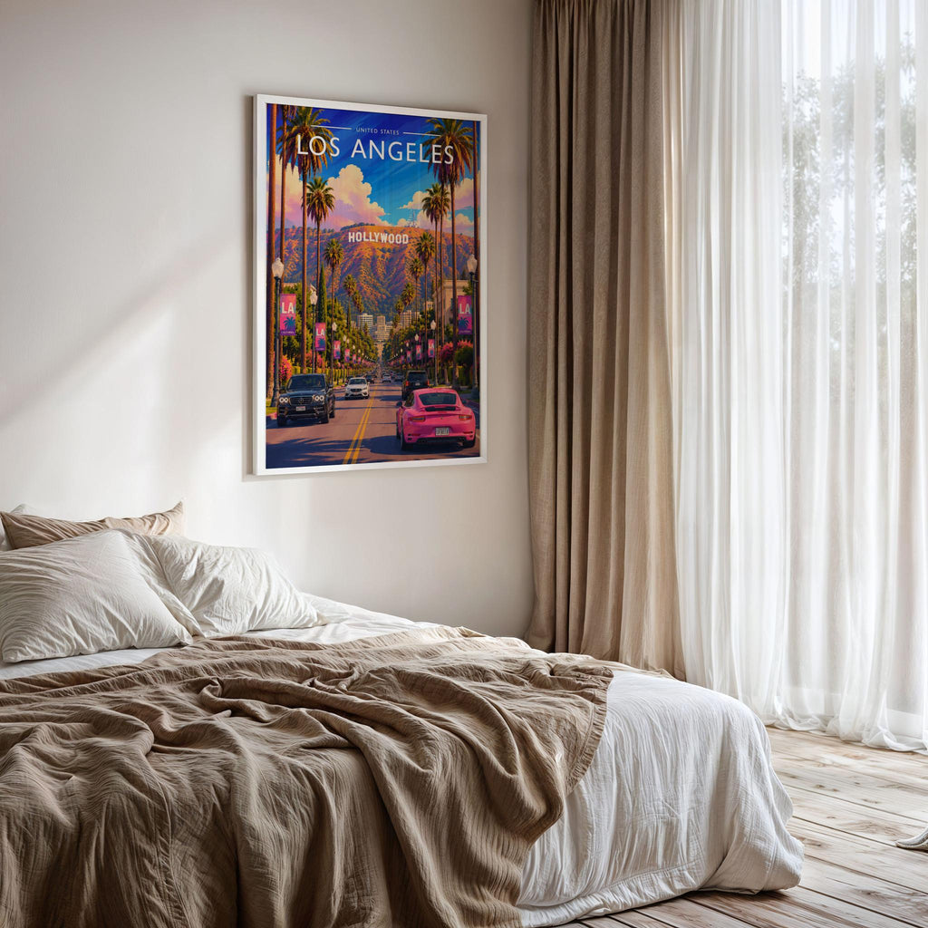 Los Angeles #2 Travel Poster framed on a bedroom wall