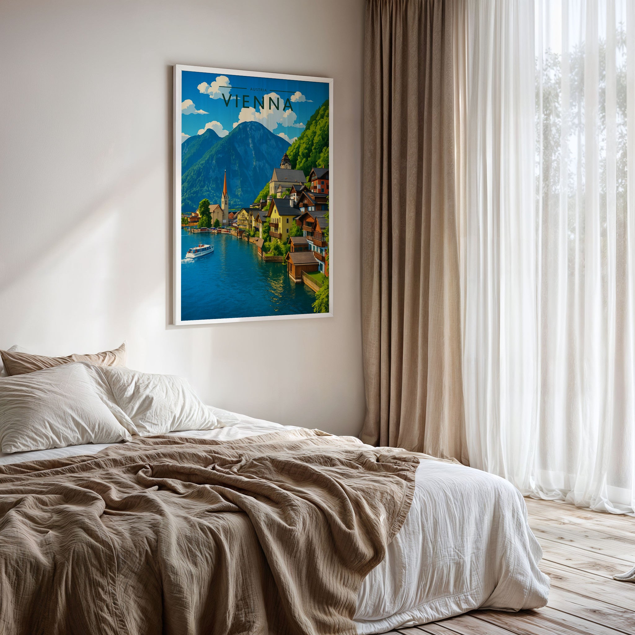 Vienna Travel Poster framed on a bedroom wall