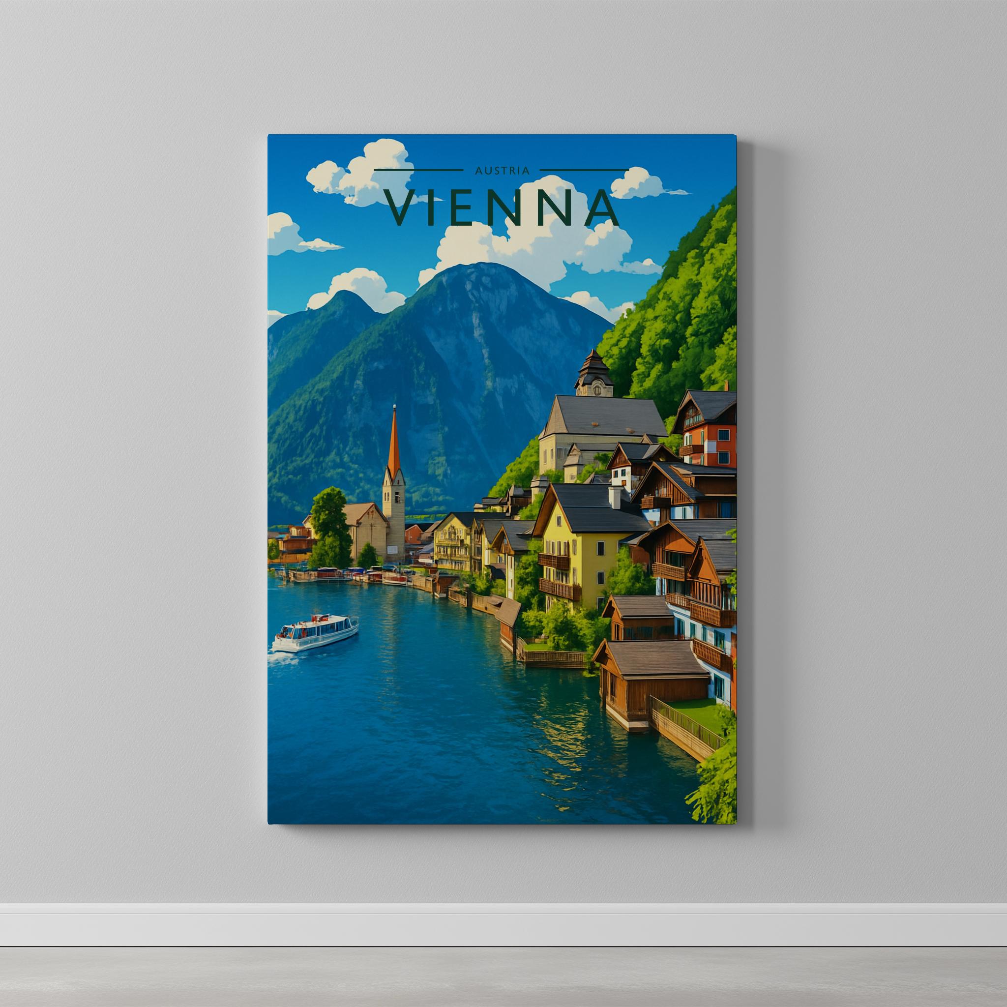 Vienna Travel Poster as a gallery-wrapped canvas on a plain wall