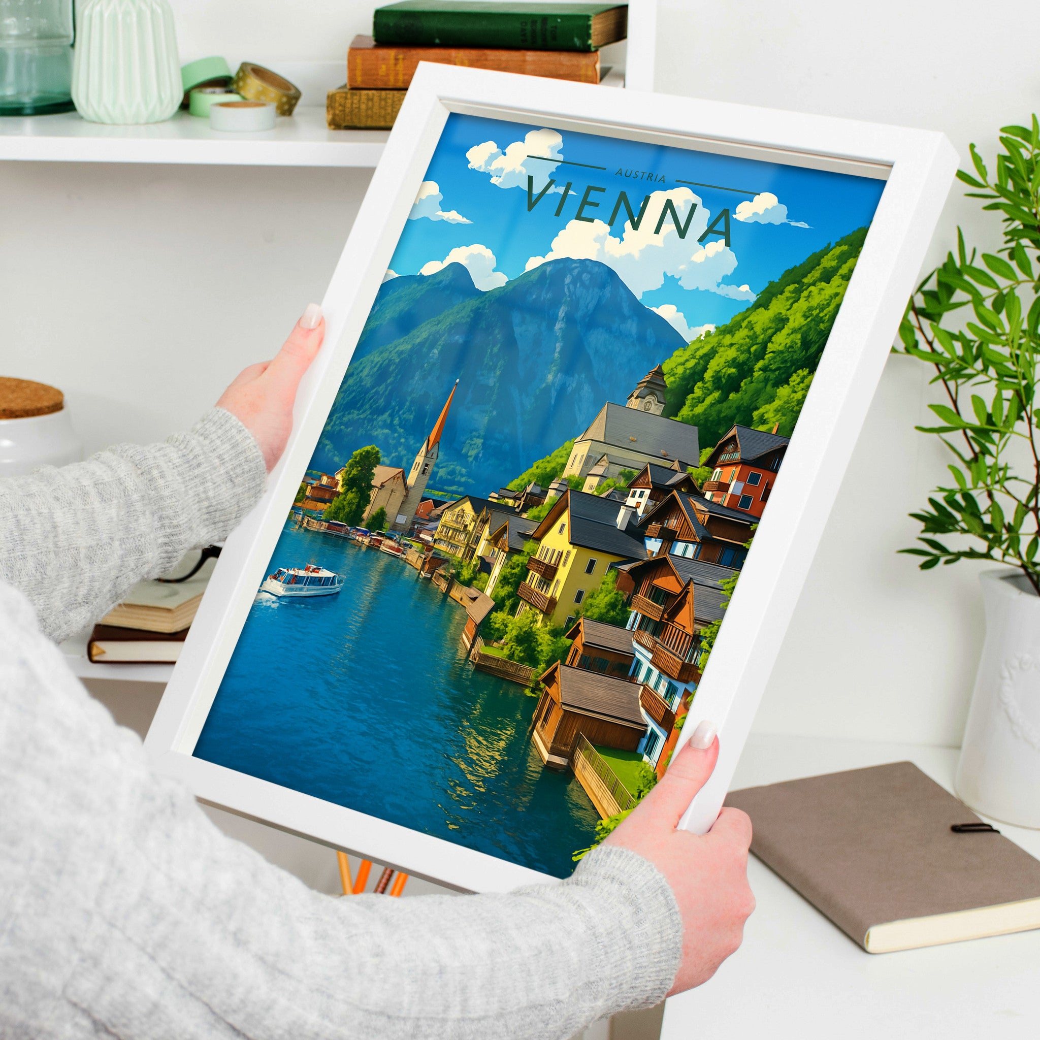 Vienna Travel Poster in a white frame, held to show scale