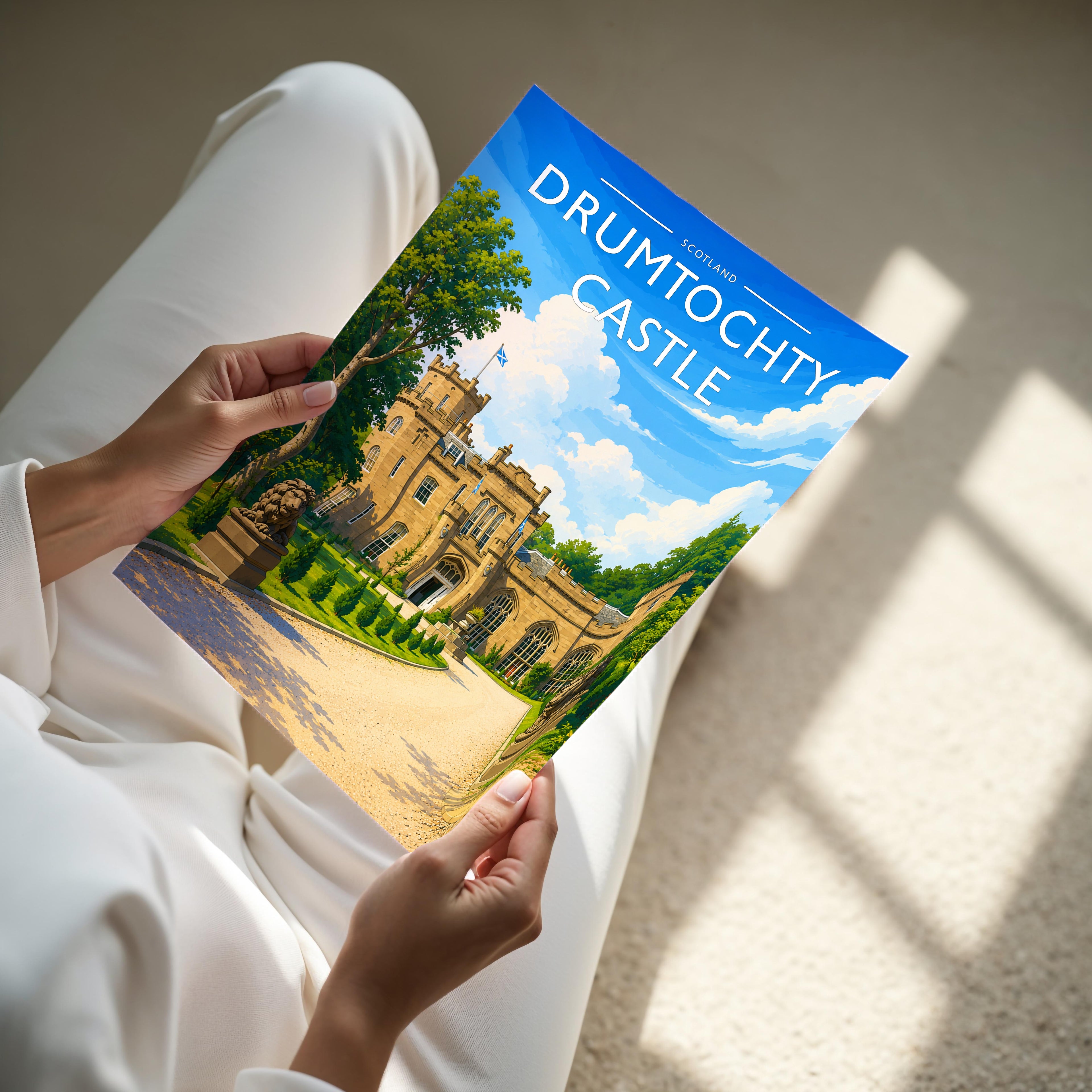 Drumtochty Castle Travel Poster - A4 print held in hand