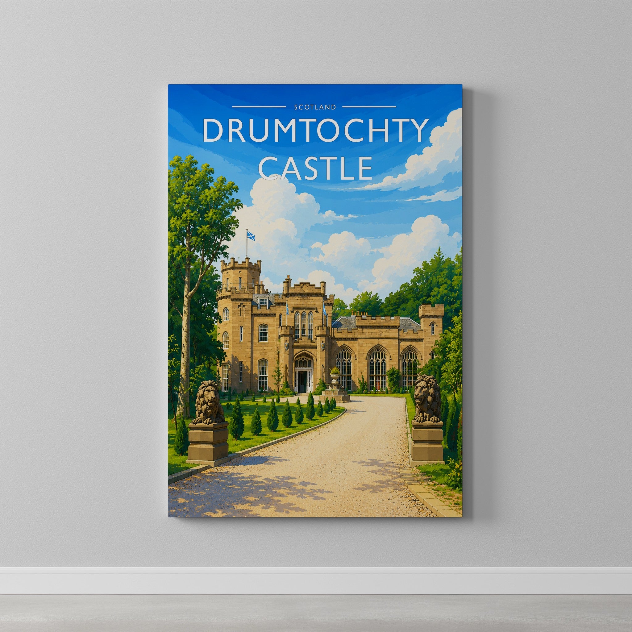 Drumtochty Castle Travel Poster as a gallery-wrapped canvas on a plain wall