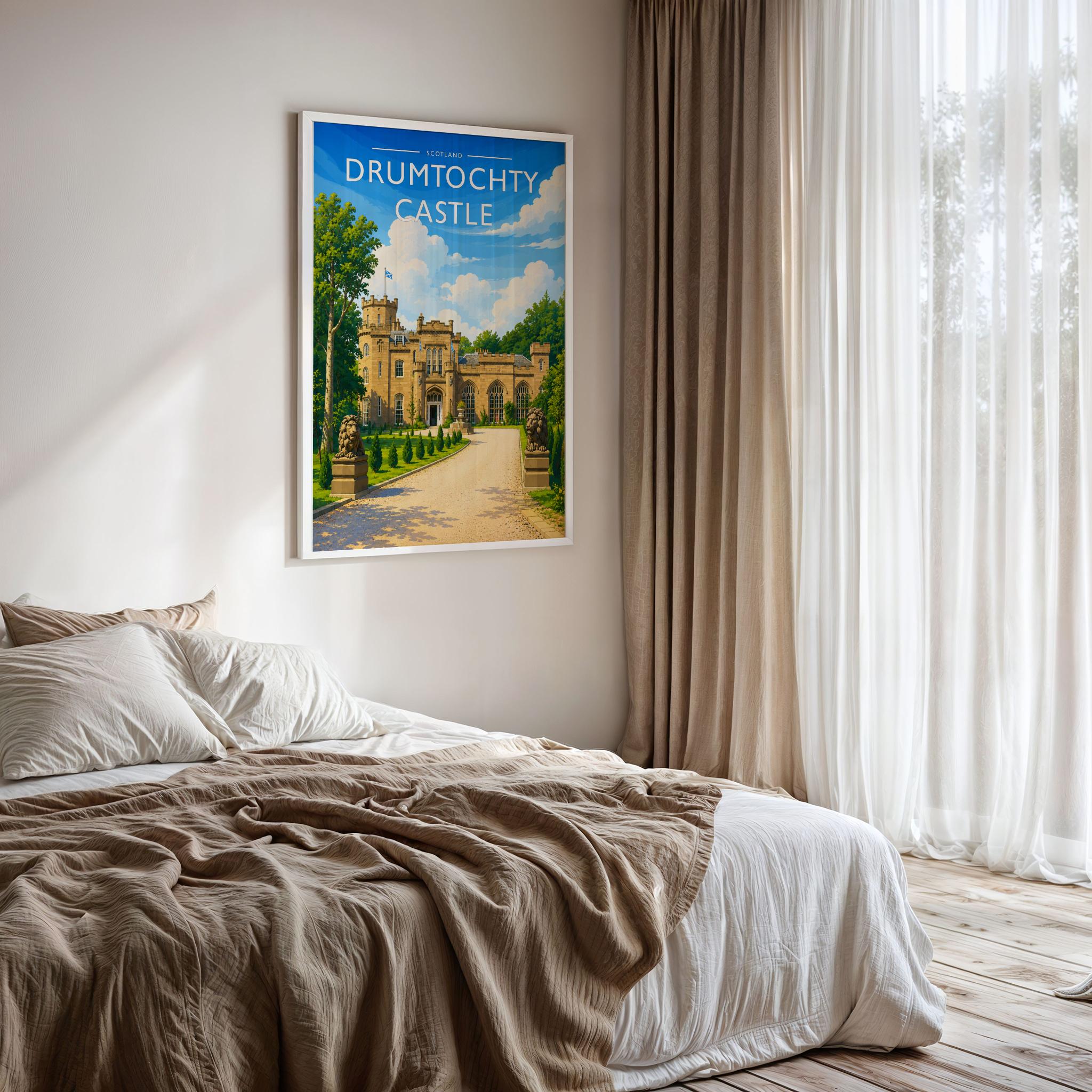 Drumtochty Castle Travel Poster framed on a bedroom wall