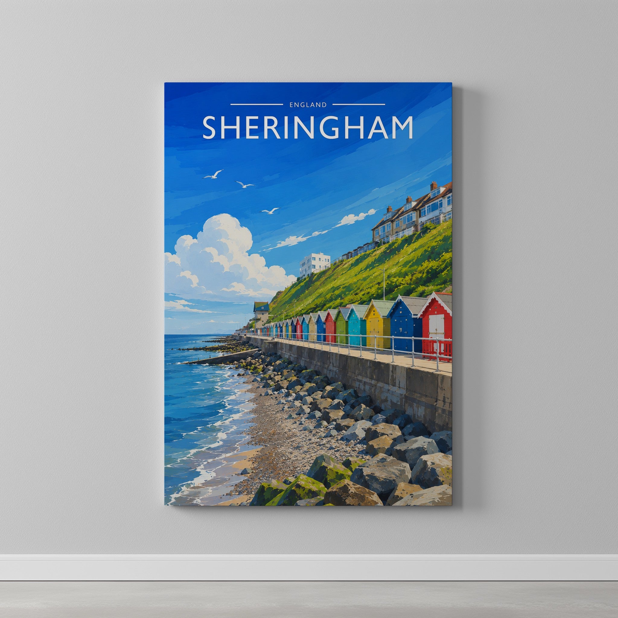 Sheringham #2 Travel Poster as a gallery-wrapped canvas on a plain wall