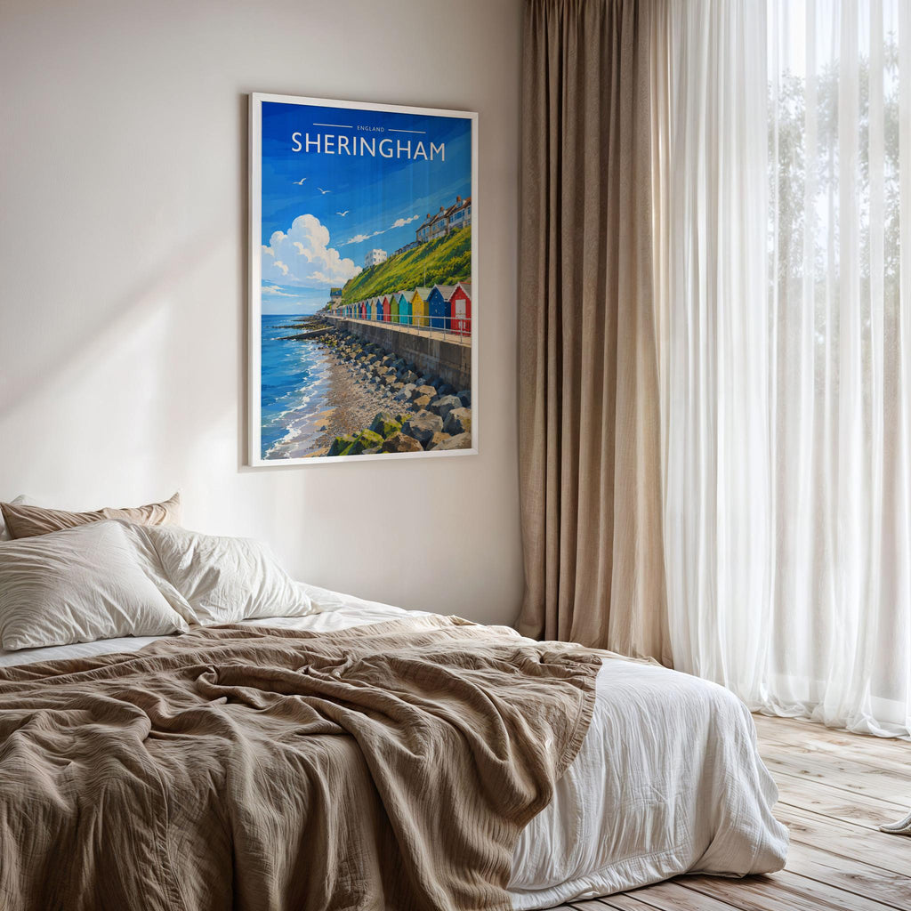 Sheringham #2 Travel Poster framed on a bedroom wall