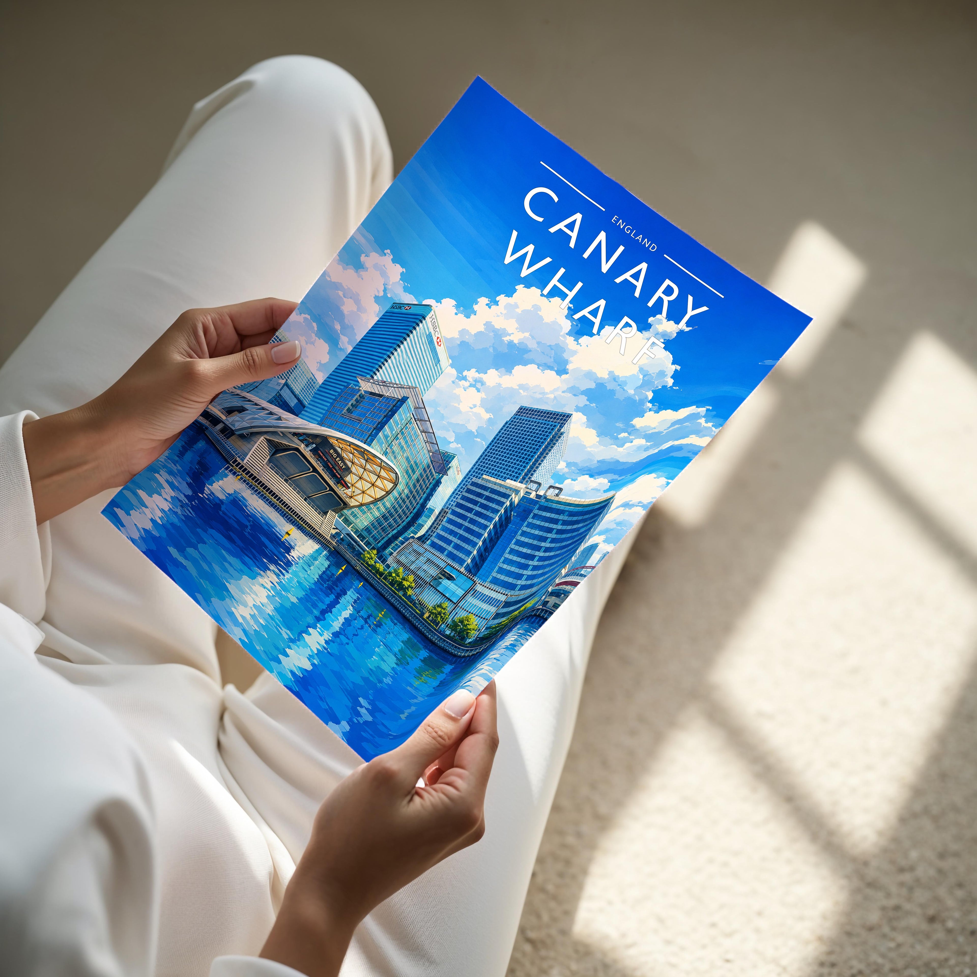 Canary Wharf Travel Poster - A4 print held in hand