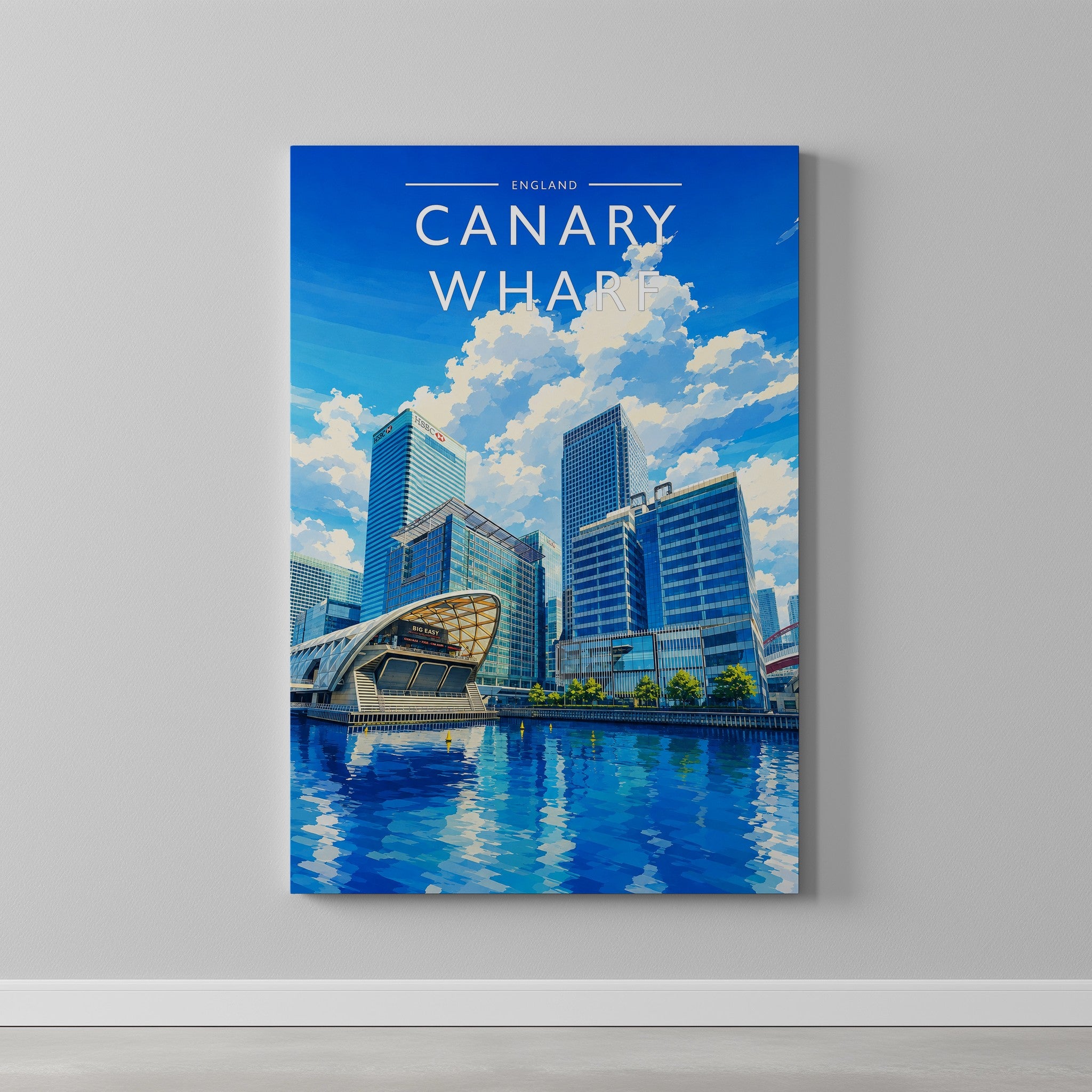 Canary Wharf Travel Poster as a gallery-wrapped canvas on a plain wall