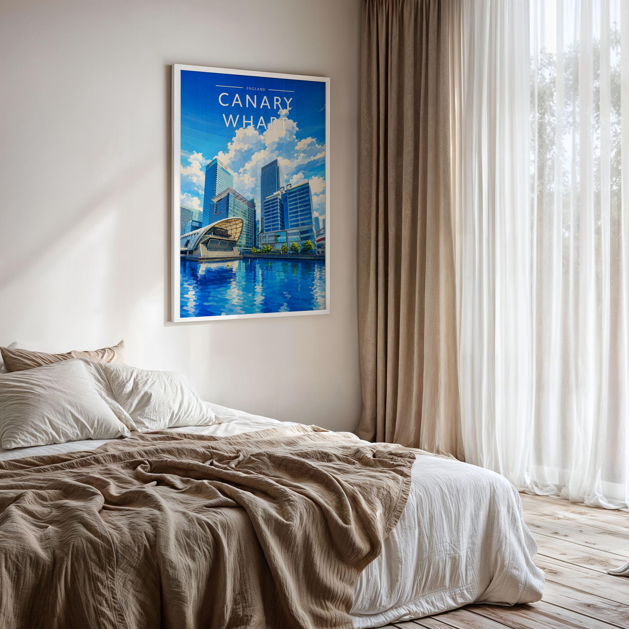 Canary Wharf Travel Poster framed on a bedroom wall