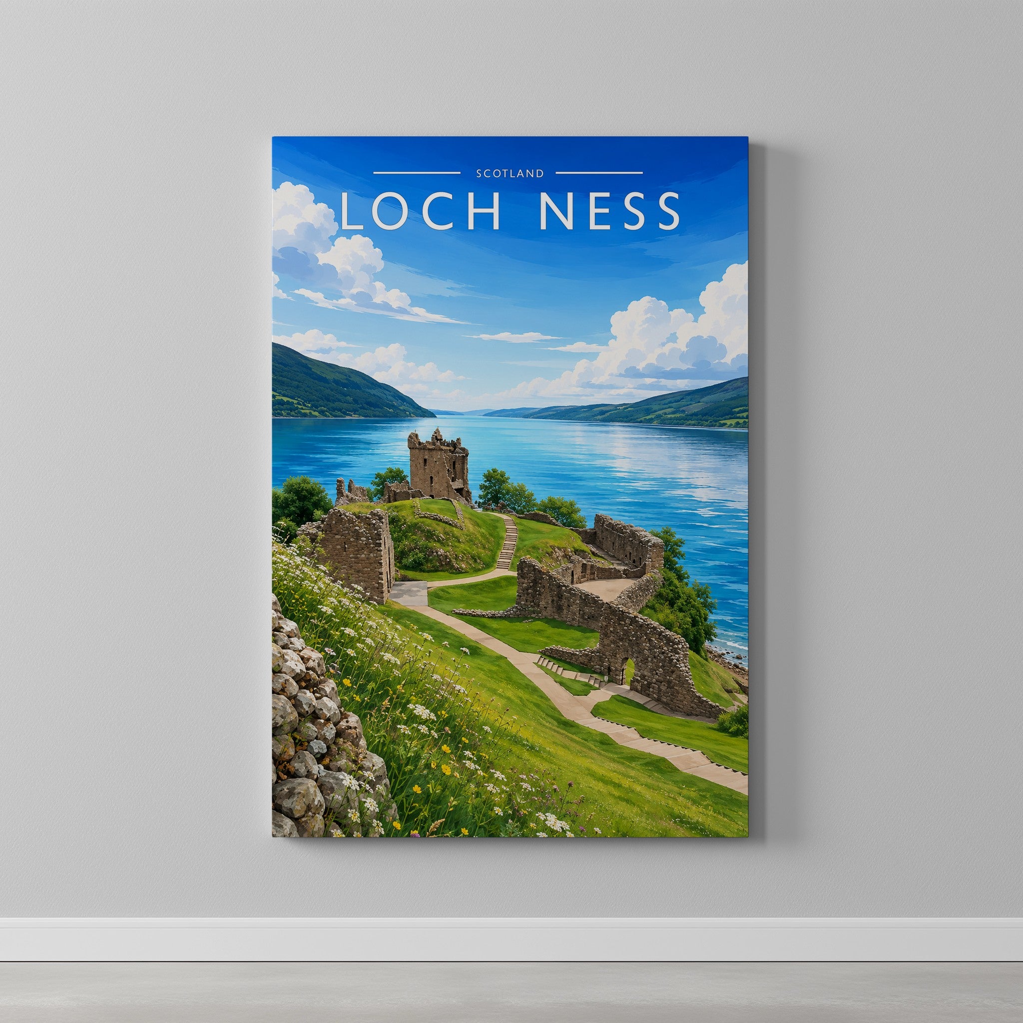 Loch Ness #2 Travel Poster as a gallery-wrapped canvas on a plain wall