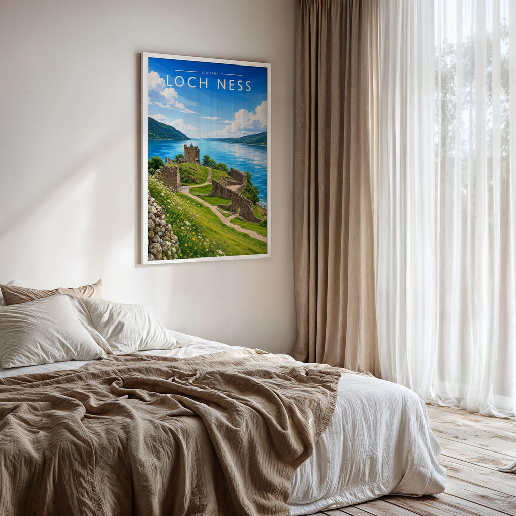 Loch Ness #2 Travel Poster framed on a bedroom wall