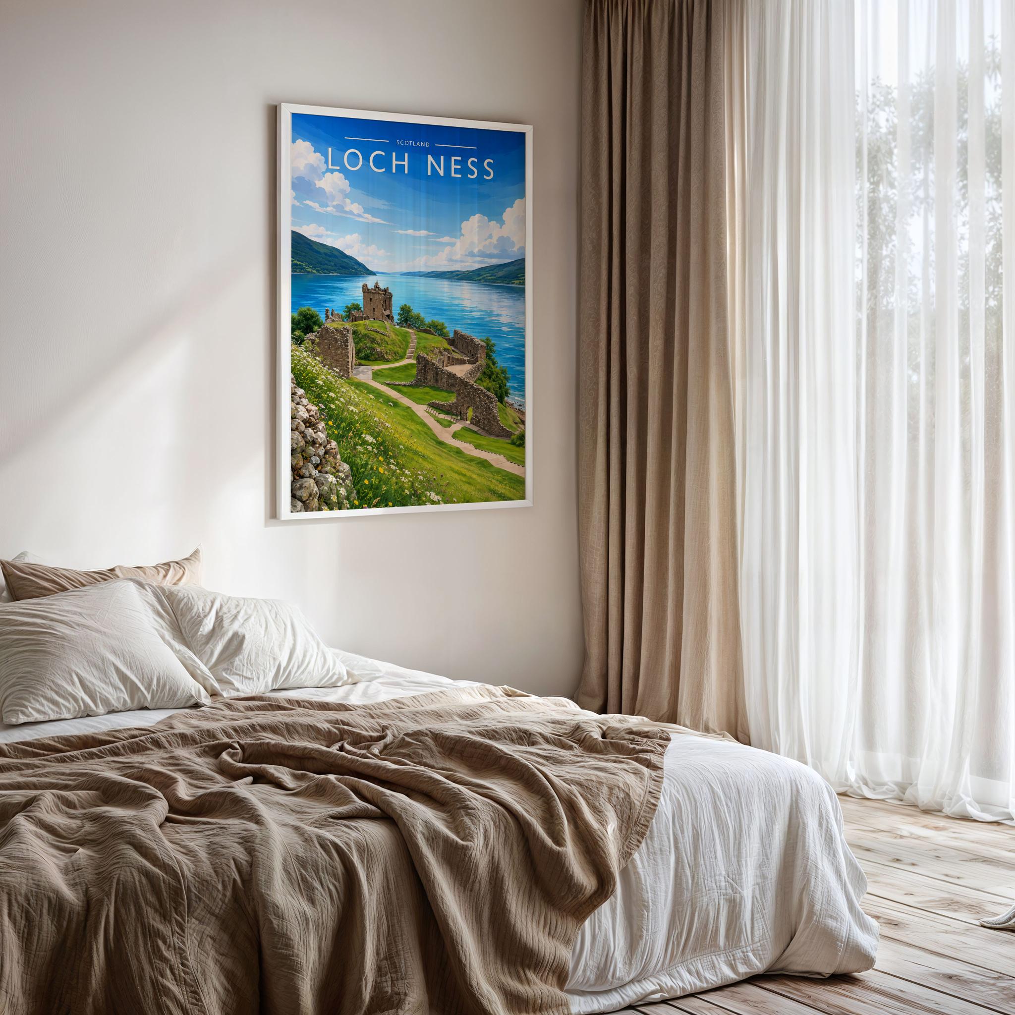Loch Ness #2 Travel Poster framed on a bedroom wall