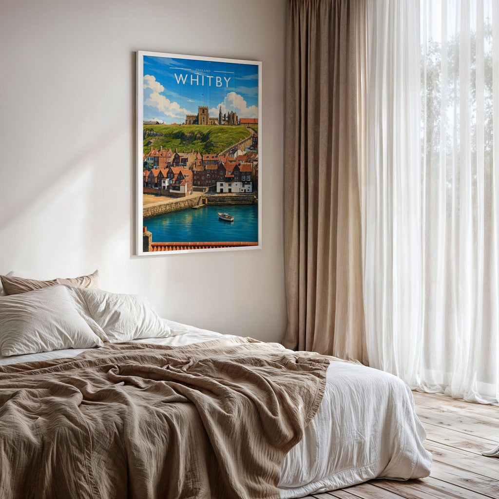 Whitby #7 Travel Poster framed on a bedroom wall