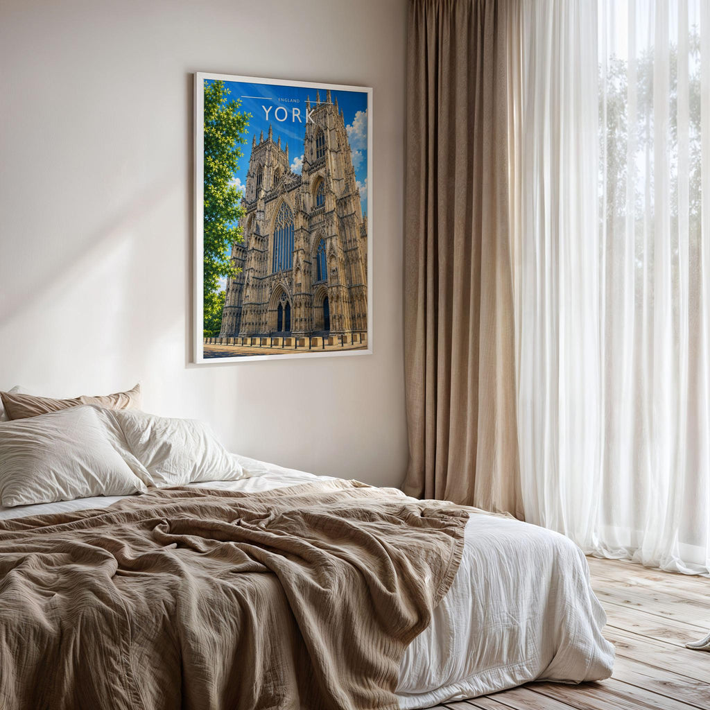 York #7 Travel Poster framed on a bedroom wall