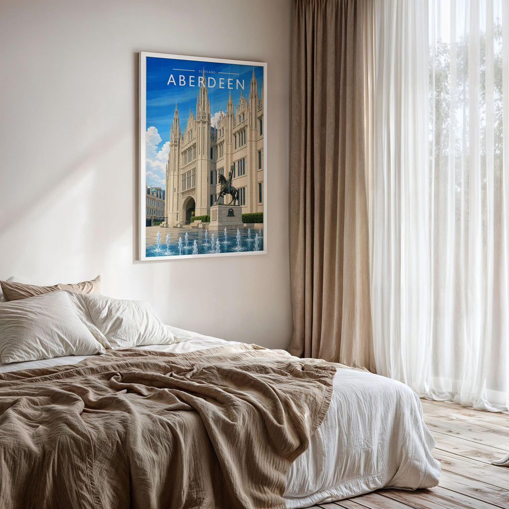 Aberdeen Travel Poster framed on a bedroom wall