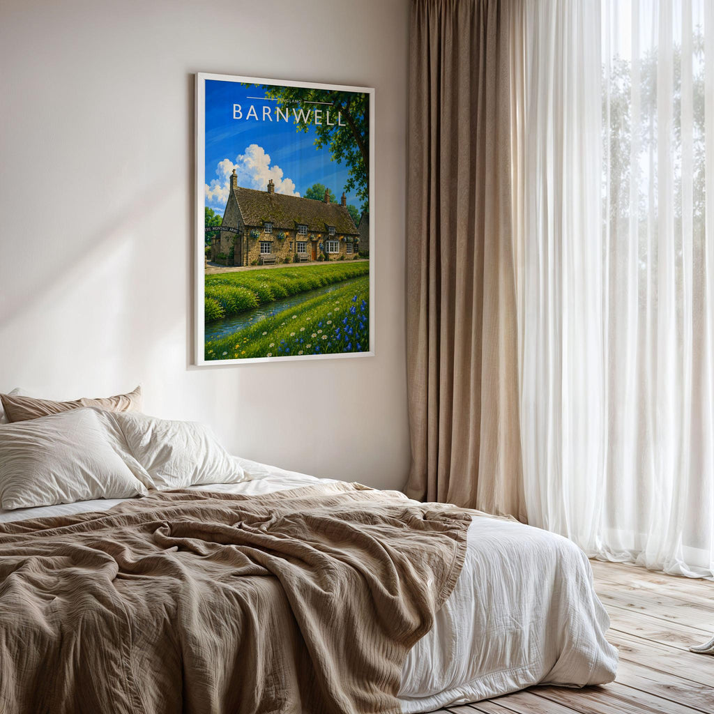 Barnwell Travel Poster framed on a bedroom wall