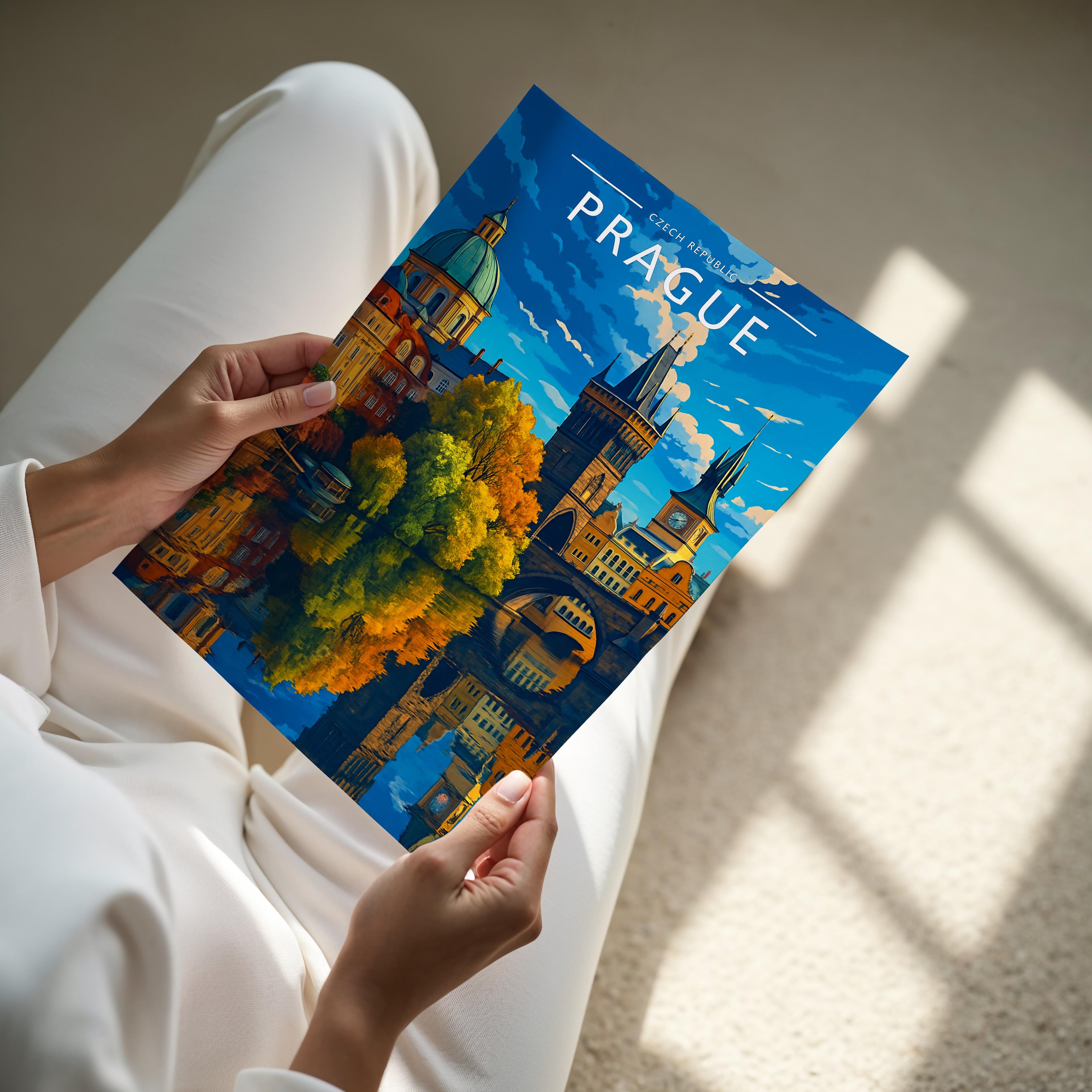 Prague Travel Poster - A4 print held in hand