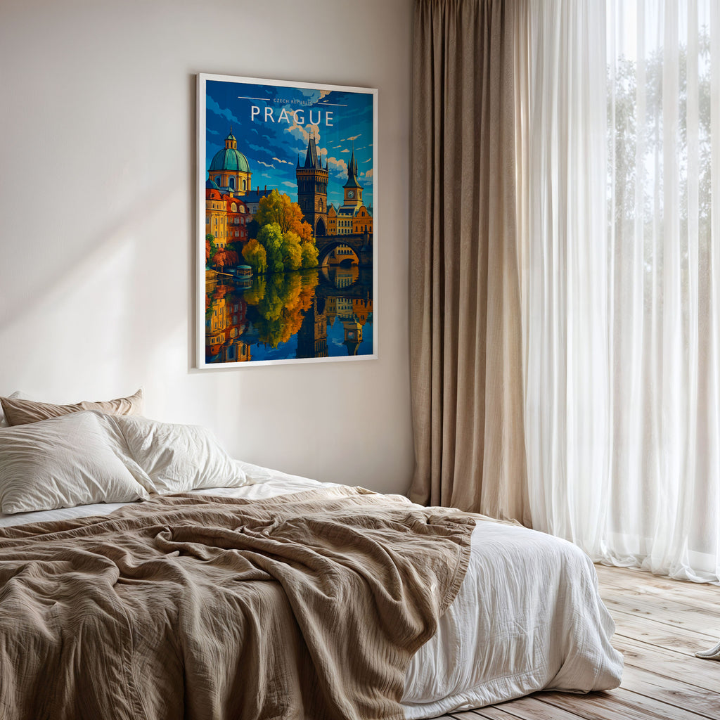 Prague Travel Poster framed on a bedroom wall