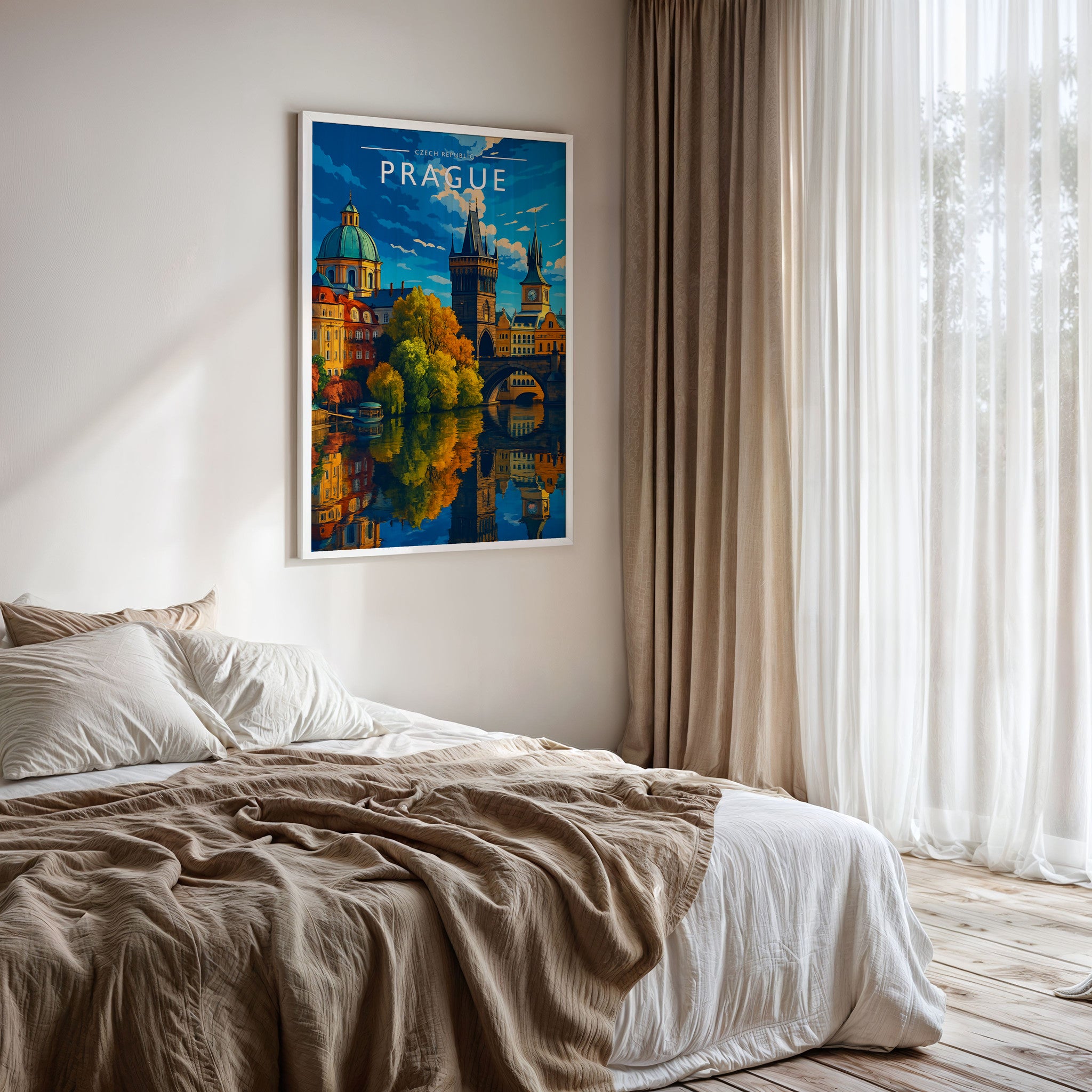 Prague Travel Poster framed on a bedroom wall