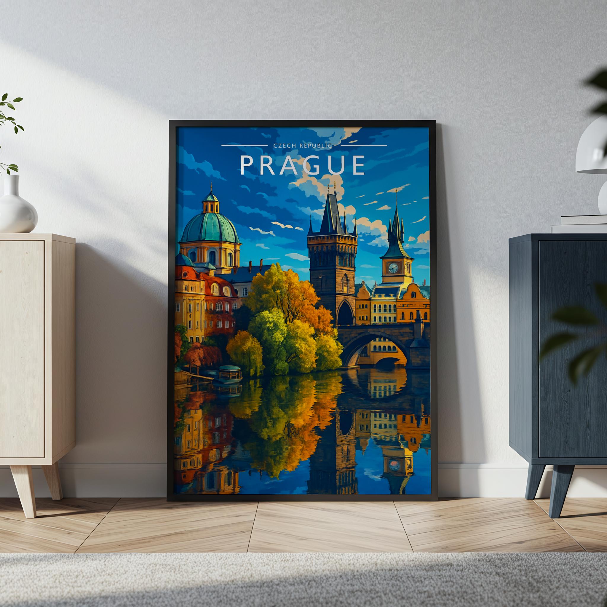 Prague Travel Poster in a black frame