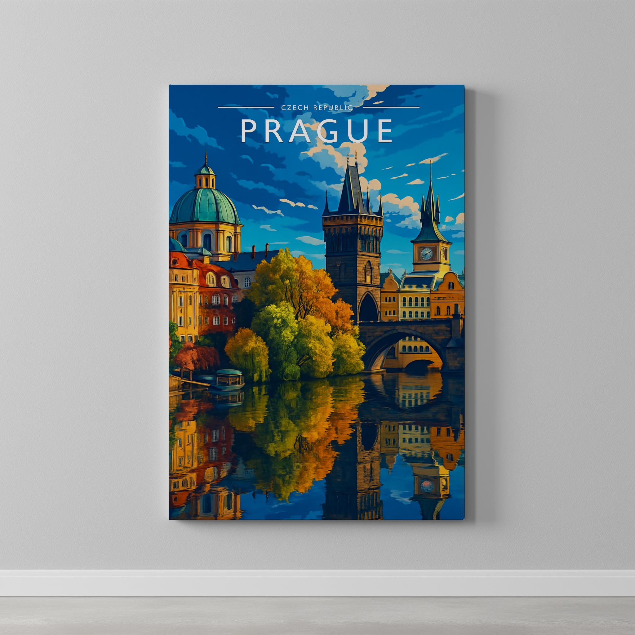 Prague Travel Poster as a gallery-wrapped canvas on a plain wall