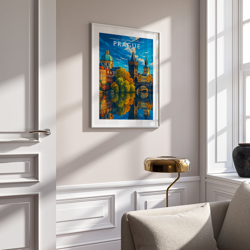 Prague Travel Poster in a white frame on a panelled wall