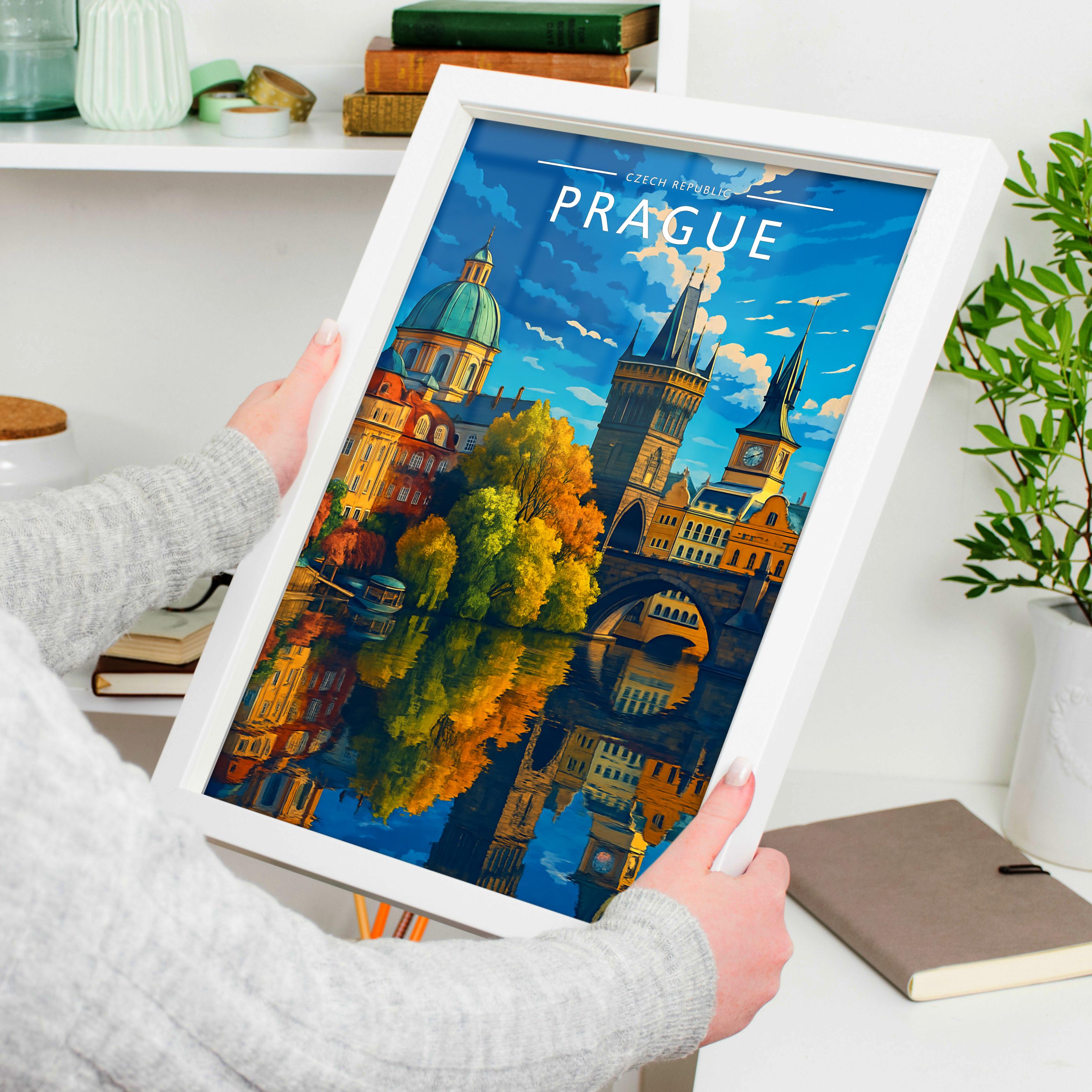Prague Travel Poster held in a white frame